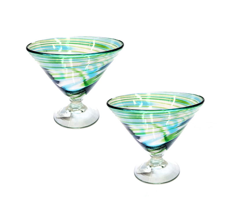 Handblown stemless martini Glasses Set of 2 Aqua and Green swirl