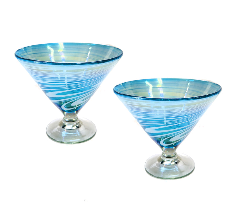 Handblown stemless martini Glasses Set of 2 Aqua swirl