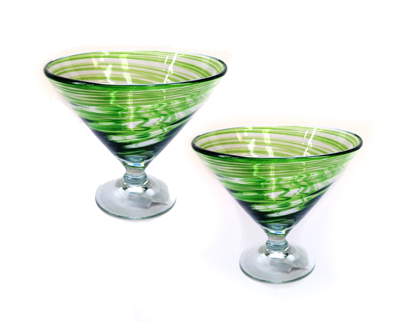 Handblown stemless martini Glasses Set of 2 Green swirl