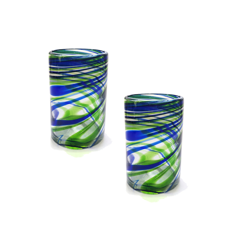 Handblown Water Glasses Set of 2 Blue and Green swirl--CLUCWG