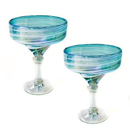 Handblown Margarita Glasses Set of 2 AQUA SWIRL--CLUCMG-3