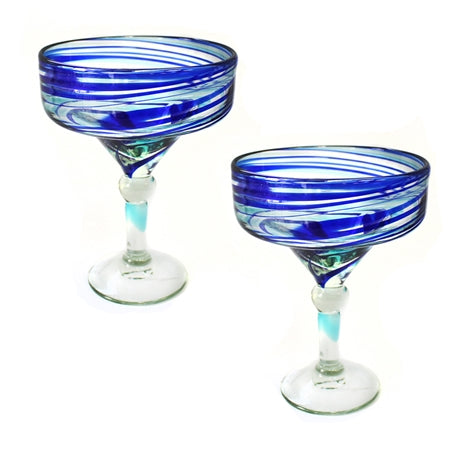 Handblown Margarita Glasses Set of 2 BLUE AND AQUA SWIRL--CLUCMG-2