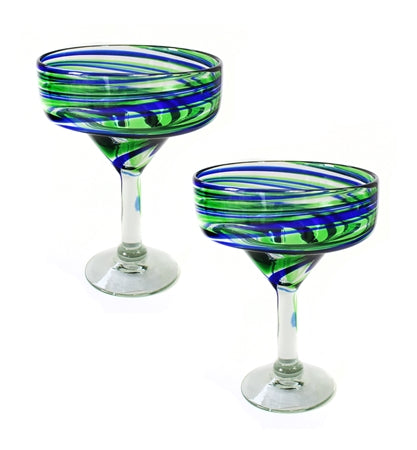 Handblown Margarita Glasses Set of 2 BLUE AND GREEN SWIRL--CLUCMG-1