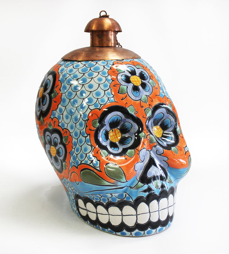 Skull Ceramic Day of the Dead Tabletop Torch- Orange